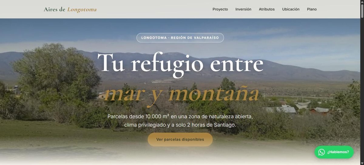 Vista previa del sitio web de Aires de Longotoma, proyecto de parcelas en la Región de Valparaíso